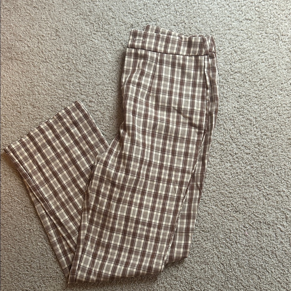 SHEIN Women’s Plaid Chino Pants Brown Cream Straight Leg Trousers